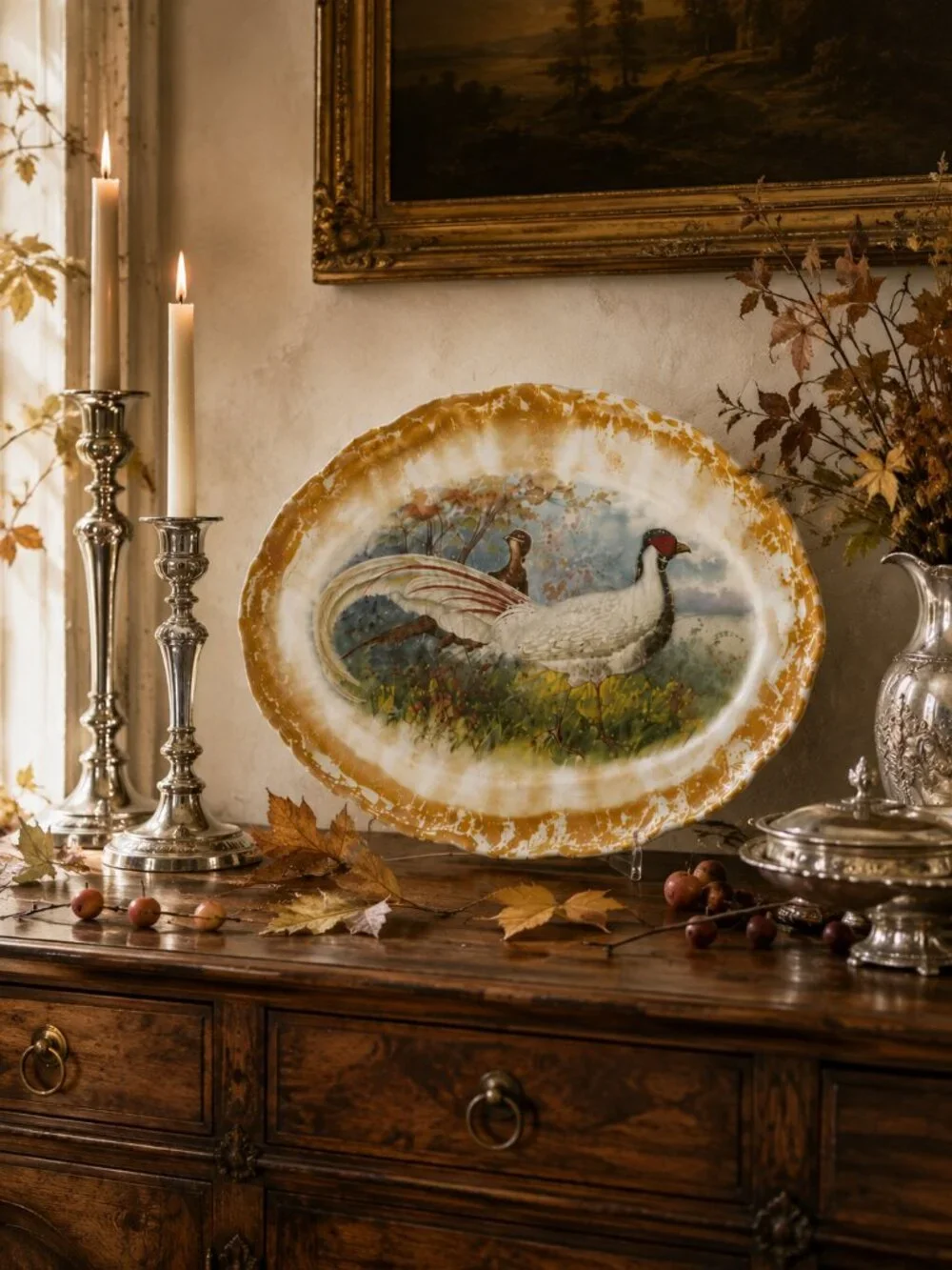 Antique Florence Game Bird Pheasant Lusterware Oval Serving Platter